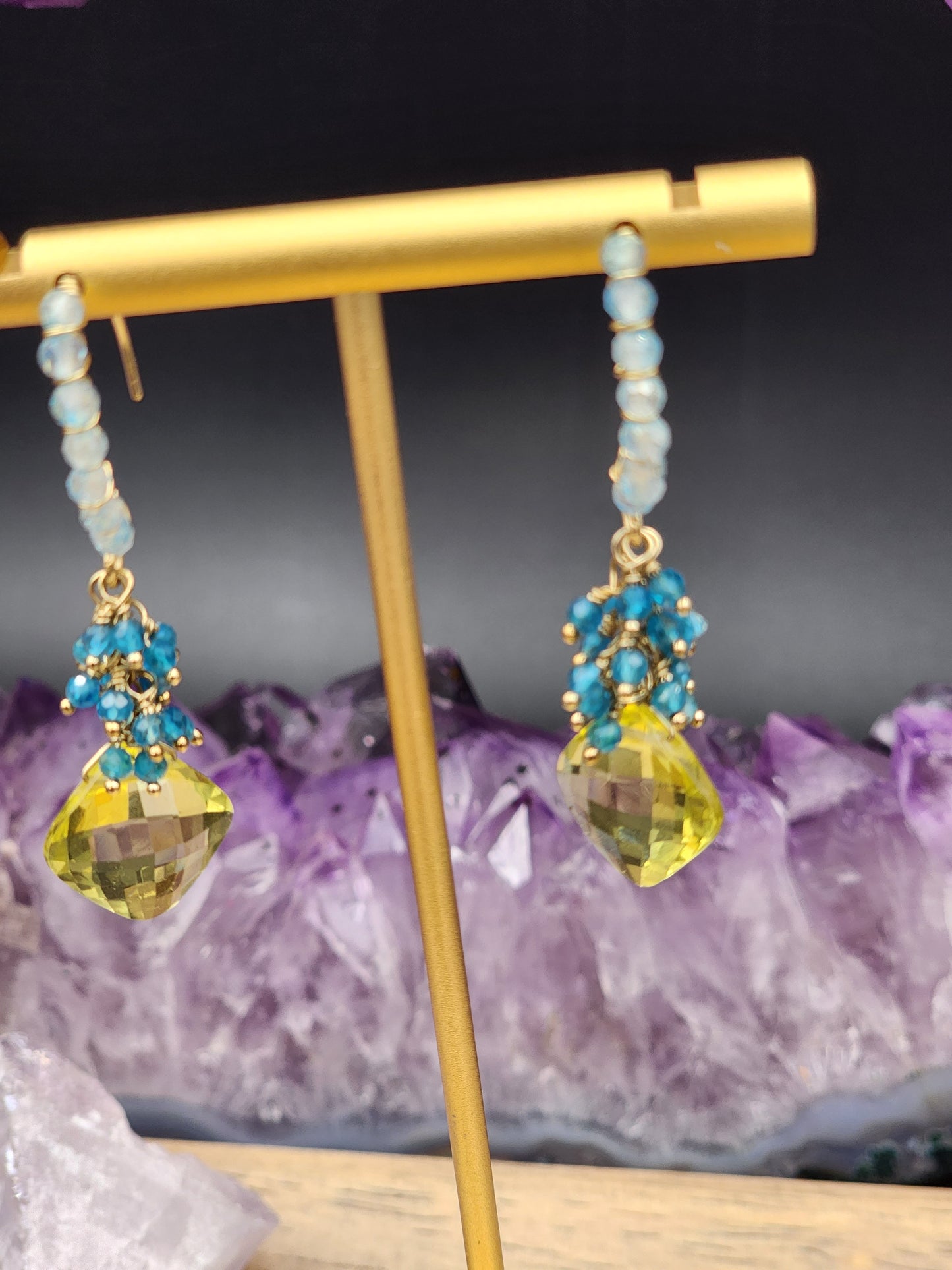 14k Gold-Filled Lemon quartz, neon blue apatite and blue topaz earrings