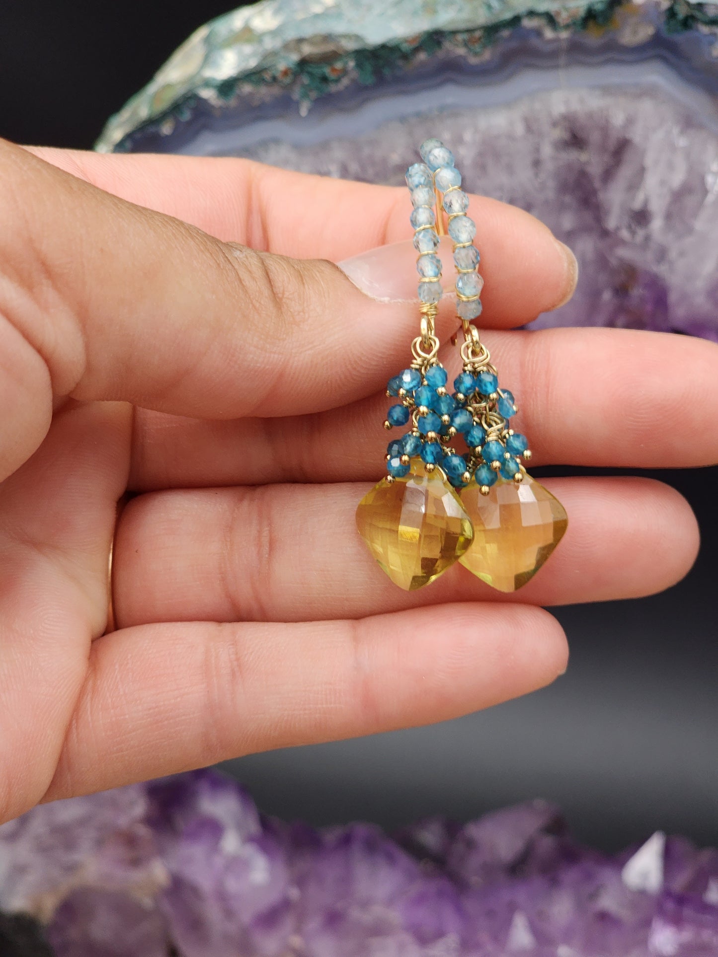 14k Gold-Filled Lemon quartz, neon blue apatite and blue topaz earrings