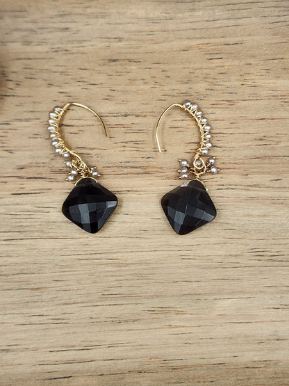 14k Gold-Fillef Black Moonstone  & Grey Pearl Earrings