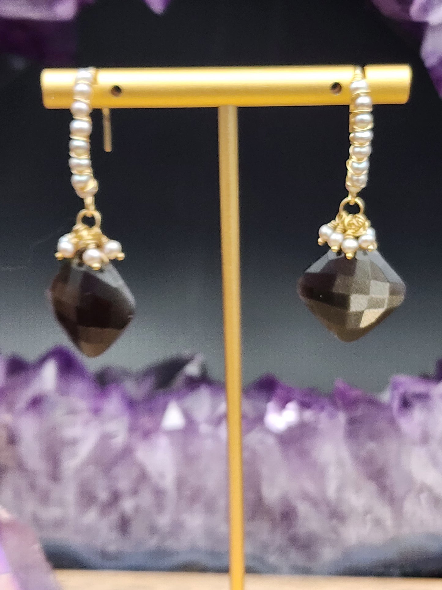 14k Gold-Fillef Black Moonstone  & Grey Pearl Earrings