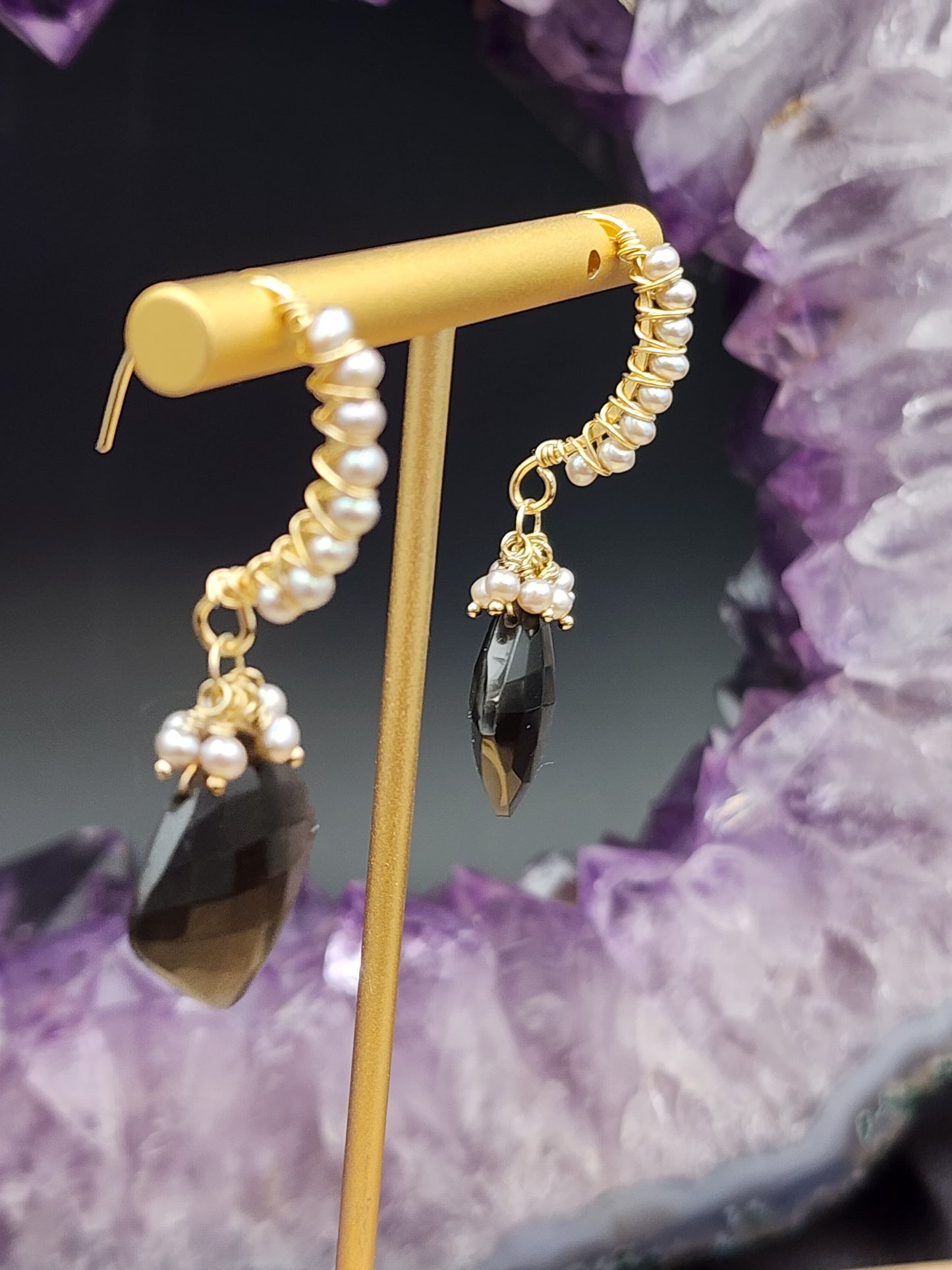 14k Gold-Fillef Black Moonstone  & Grey Pearl Earrings