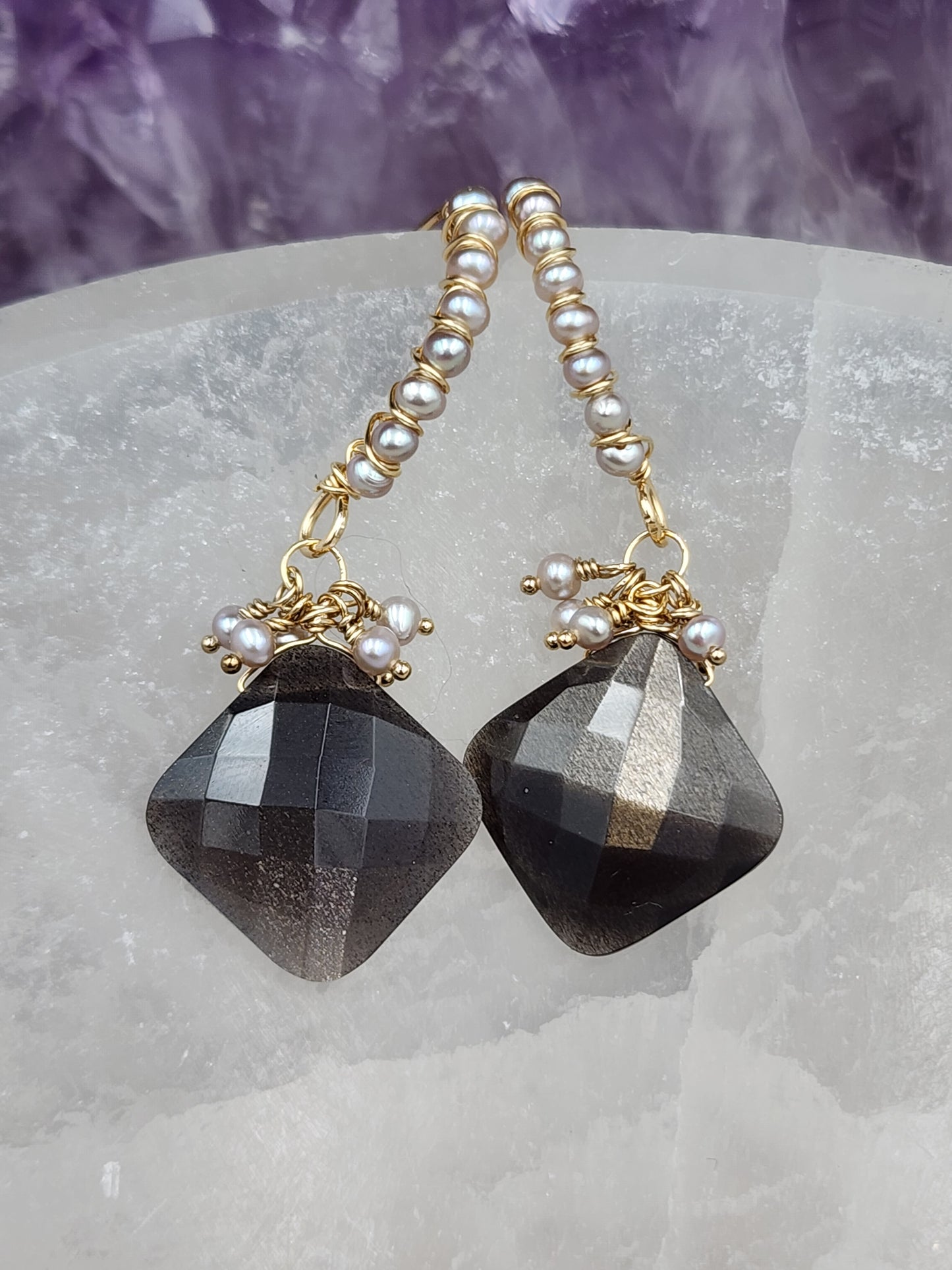 14k Gold-Fillef Black Moonstone  & Grey Pearl Earrings