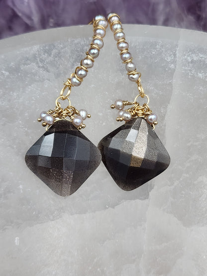 14k Gold-Fillef Black Moonstone  & Grey Pearl Earrings