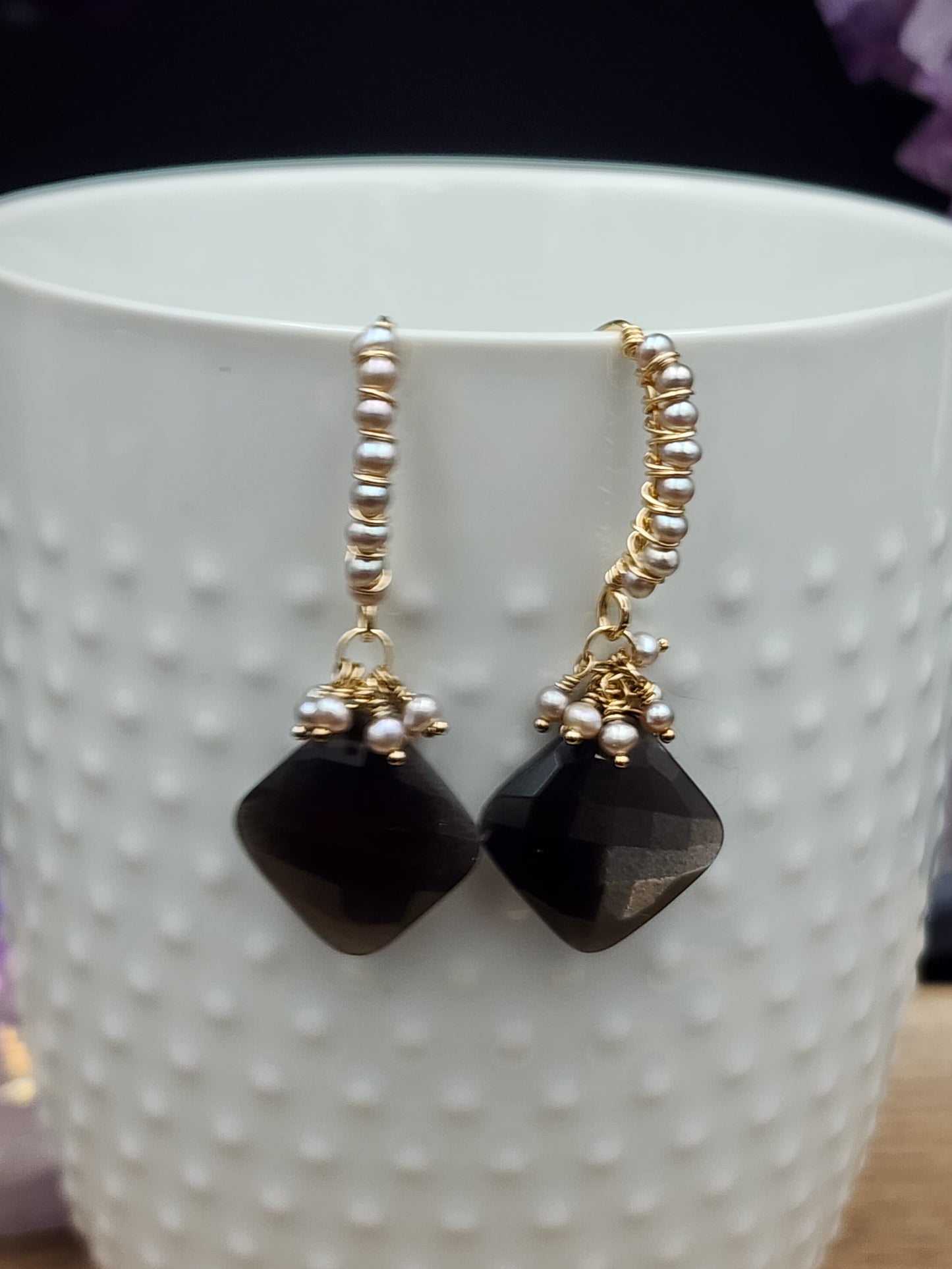 14k Gold-Fillef Black Moonstone  & Grey Pearl Earrings