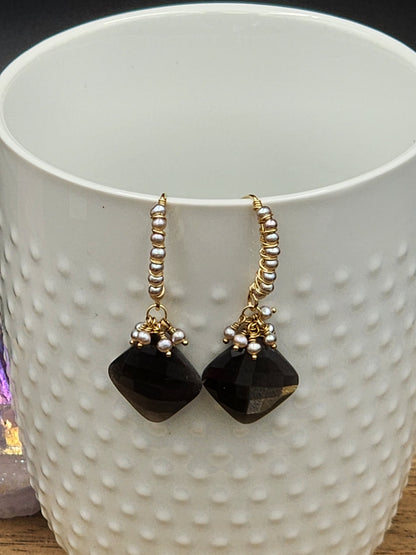 14k Gold-Fillef Black Moonstone  & Grey Pearl Earrings