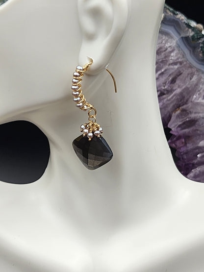 14k Gold-Fillef Black Moonstone  & Grey Pearl Earrings