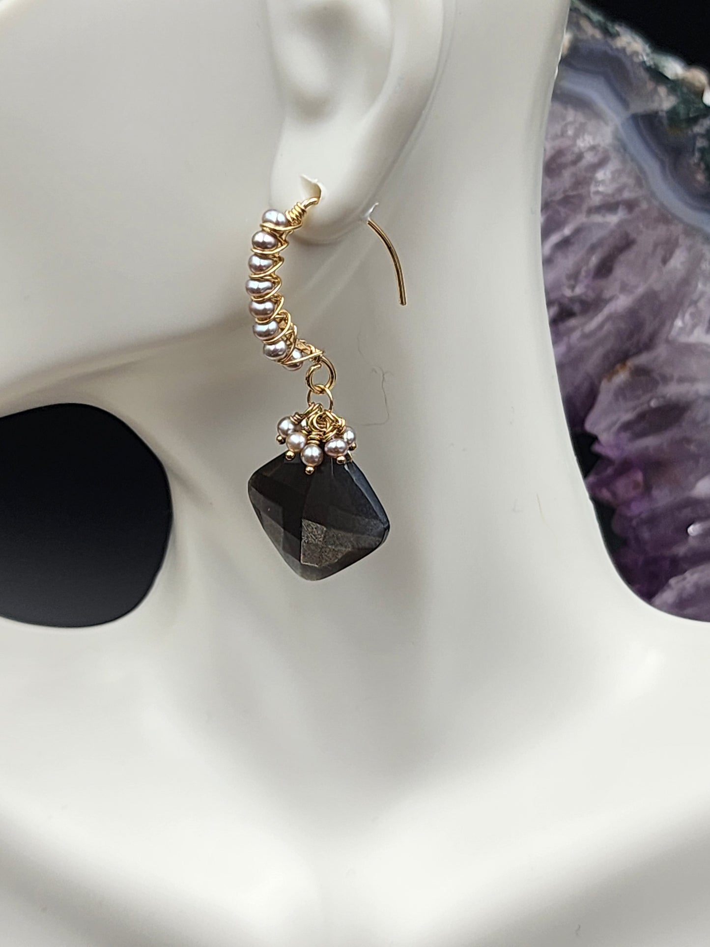 14k Gold-Fillef Black Moonstone  & Grey Pearl Earrings