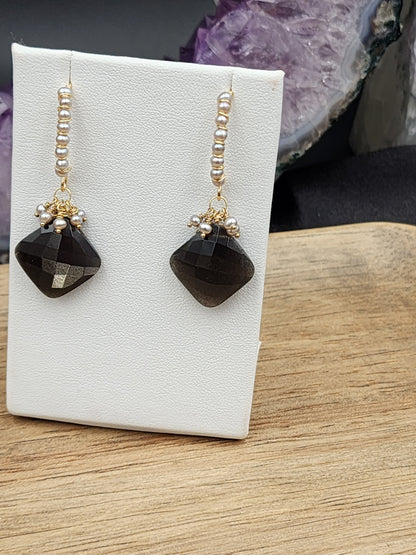 14k Gold-Fillef Black Moonstone  & Grey Pearl Earrings