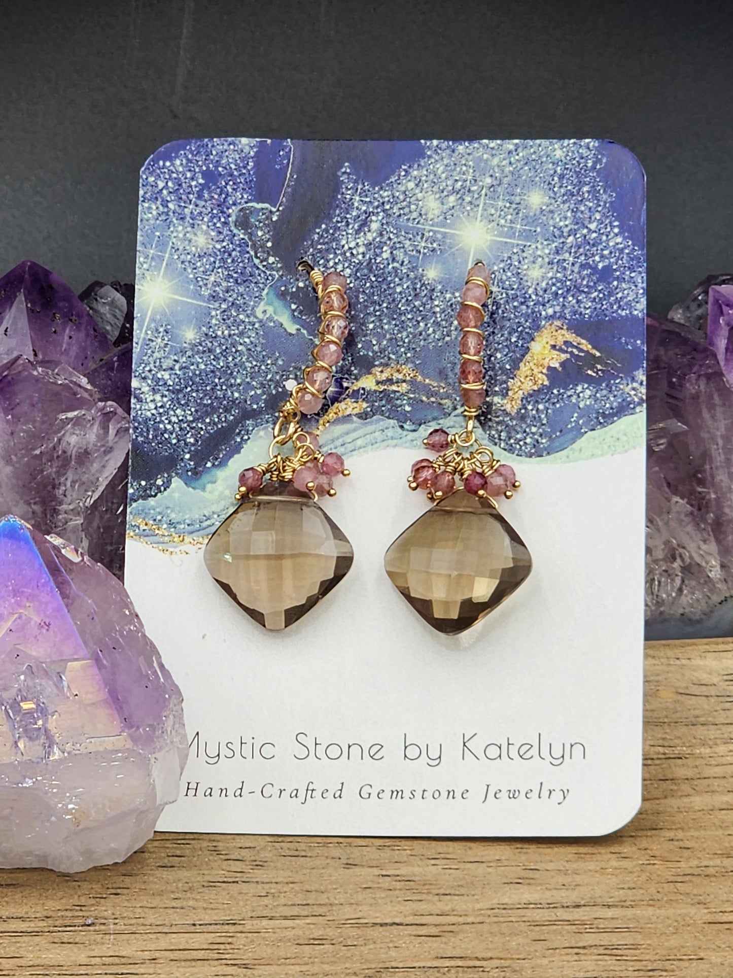 14k Gold-FillednSmokey Quartz & Pink Tourmaline Gemstone Earrings