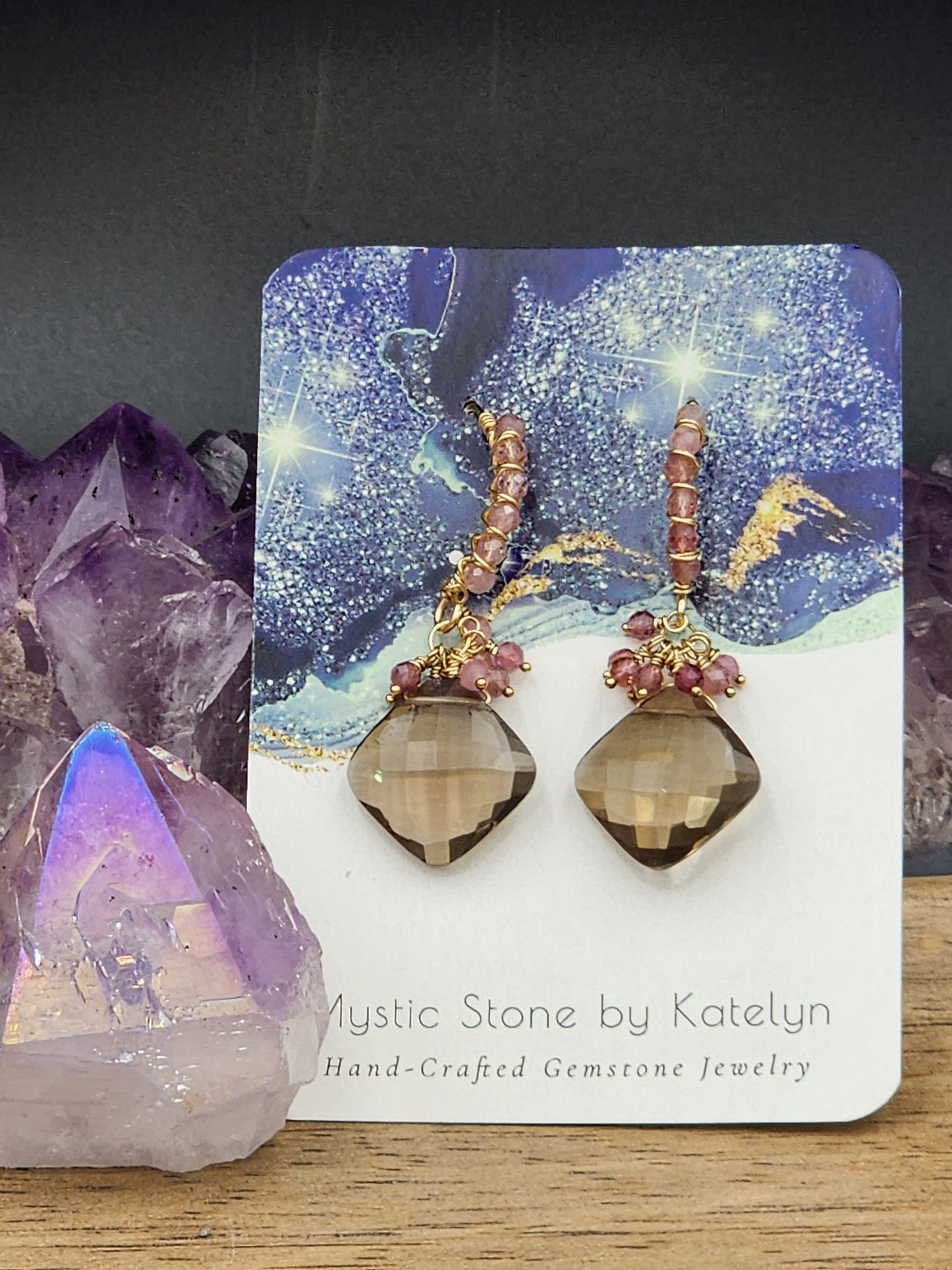 14k Gold-FillednSmokey Quartz & Pink Tourmaline Gemstone Earrings
