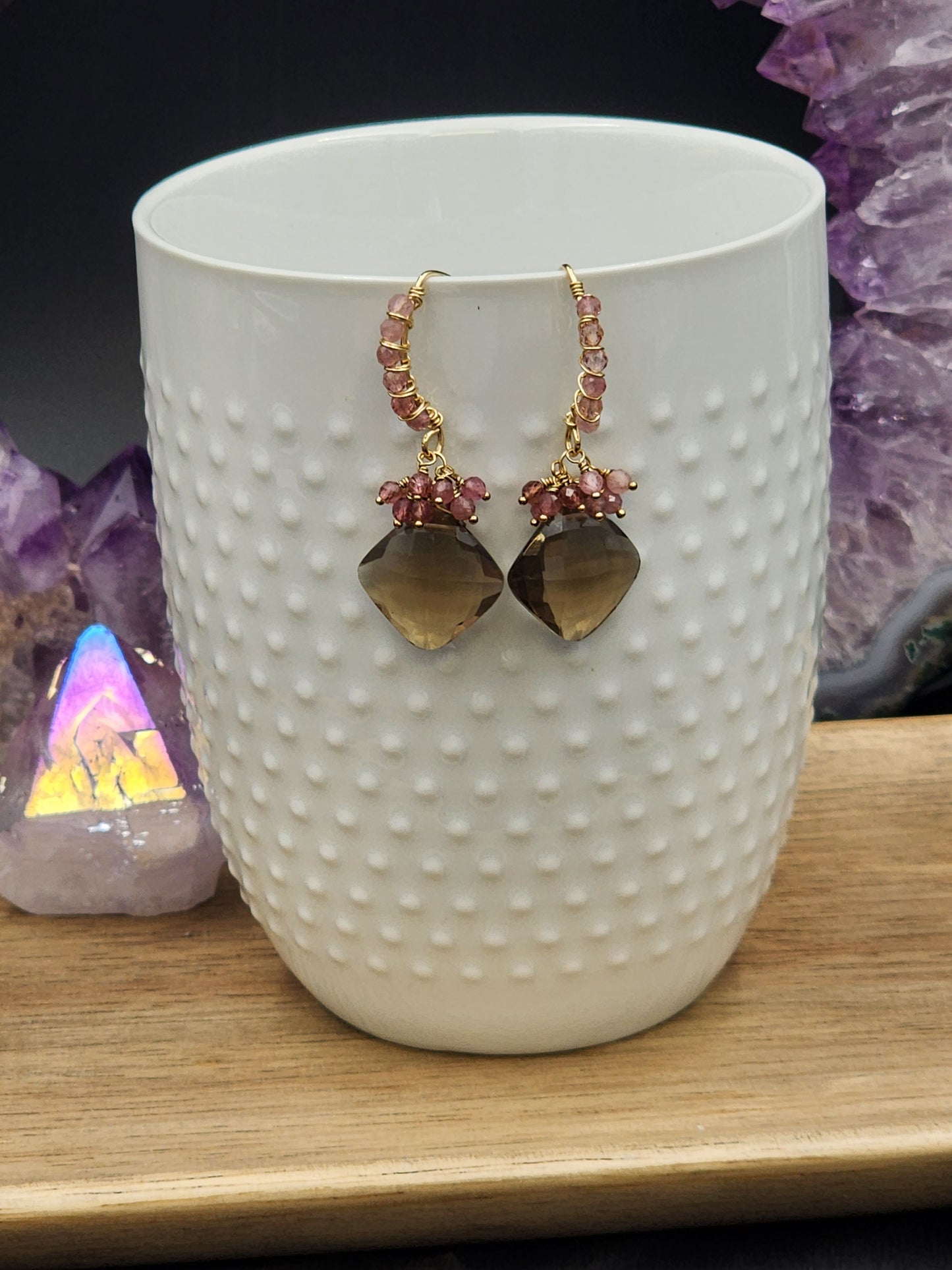 14k Gold-FillednSmokey Quartz & Pink Tourmaline Gemstone Earrings