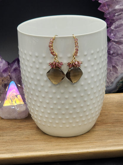 14k Gold-FillednSmokey Quartz & Pink Tourmaline Gemstone Earrings