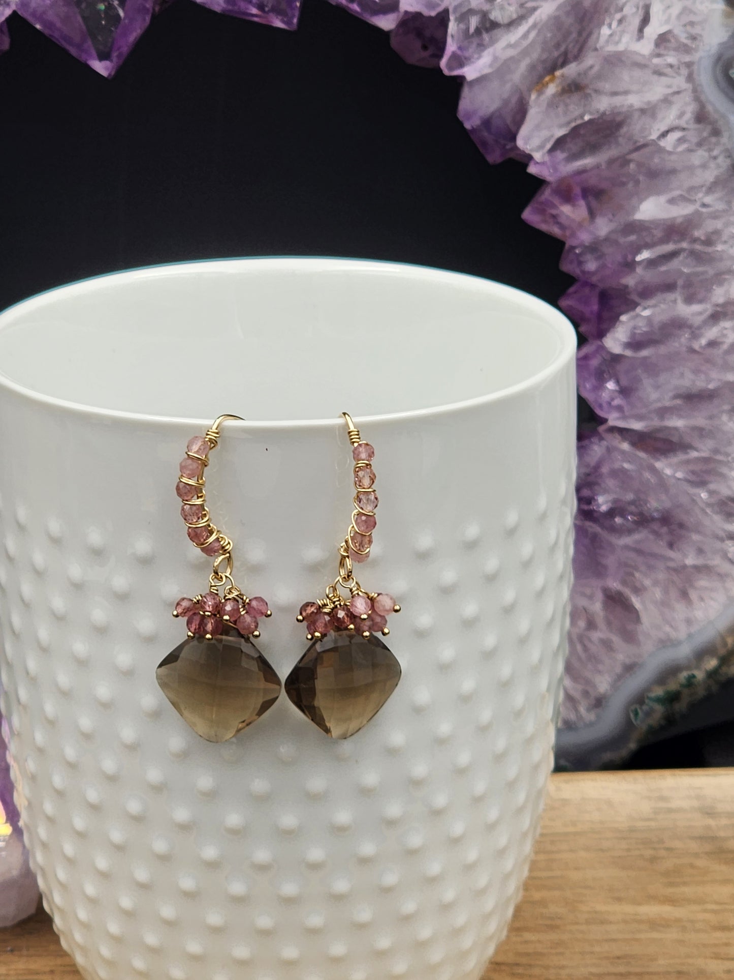 14k Gold-FillednSmokey Quartz & Pink Tourmaline Gemstone Earrings