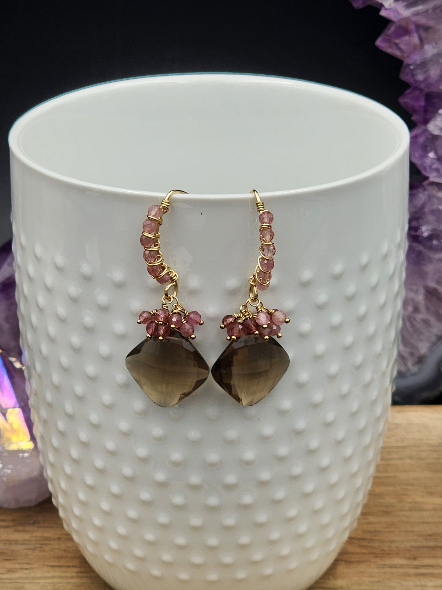 14k Gold-FillednSmokey Quartz & Pink Tourmaline Gemstone Earrings