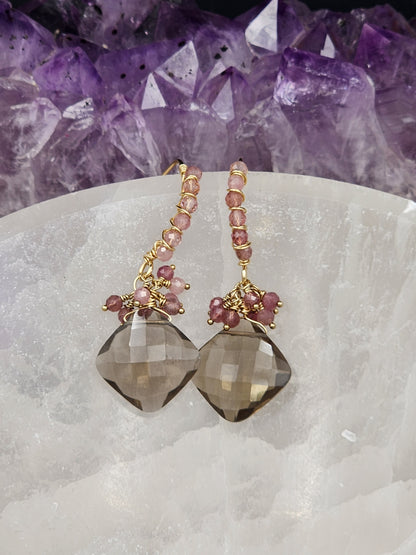 14k Gold-FillednSmokey Quartz & Pink Tourmaline Gemstone Earrings