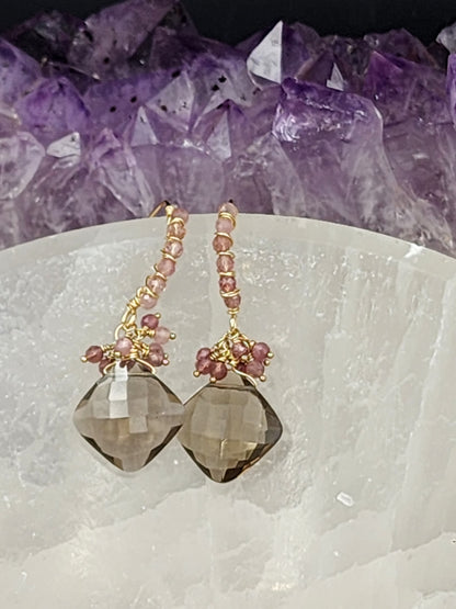14k Gold-FillednSmokey Quartz & Pink Tourmaline Gemstone Earrings