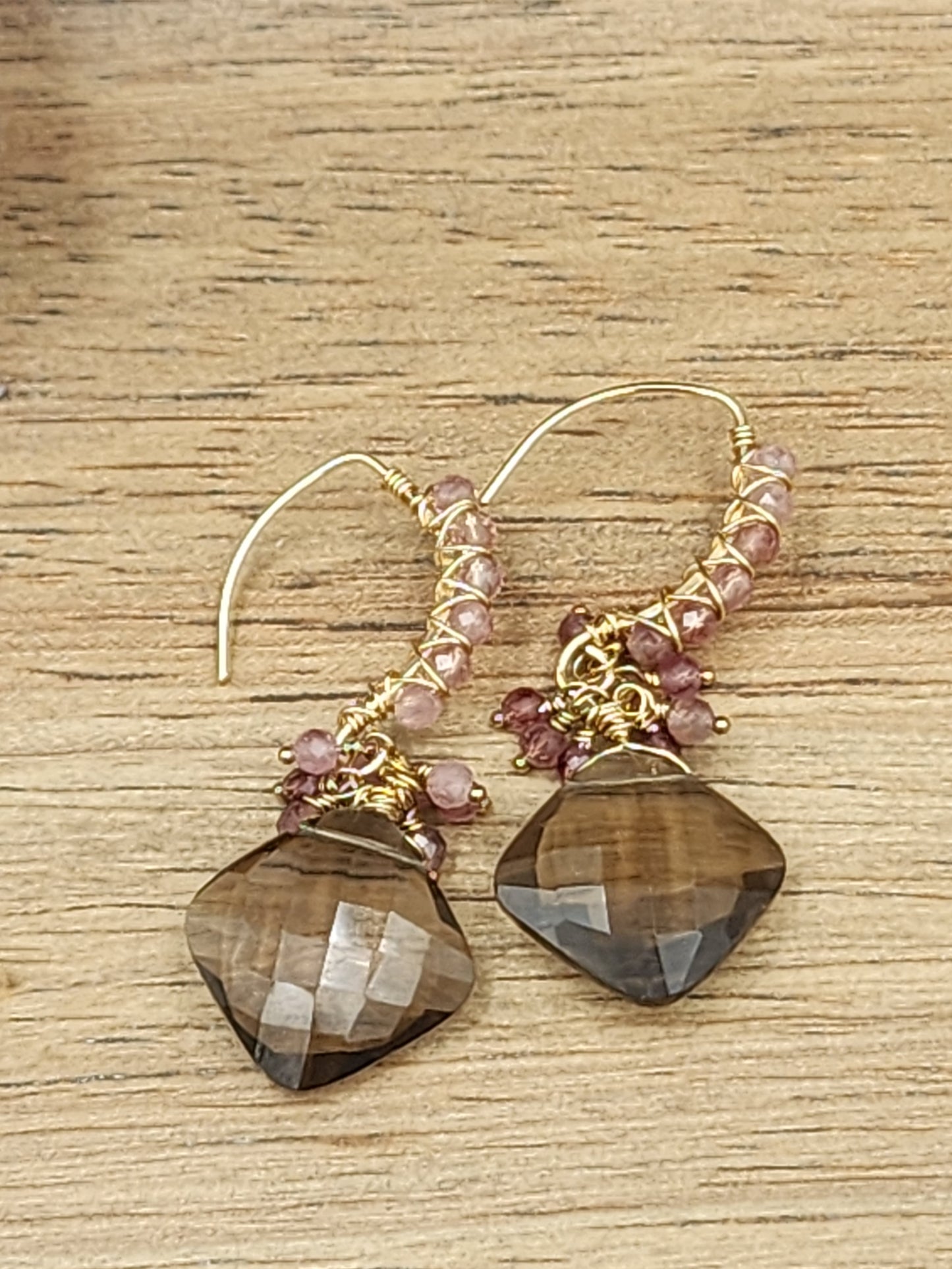 14k Gold-FillednSmokey Quartz & Pink Tourmaline Gemstone Earrings