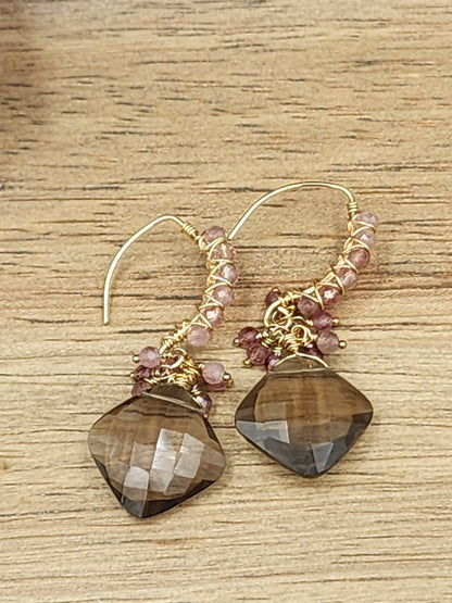 14k Gold-FillednSmokey Quartz & Pink Tourmaline Gemstone Earrings
