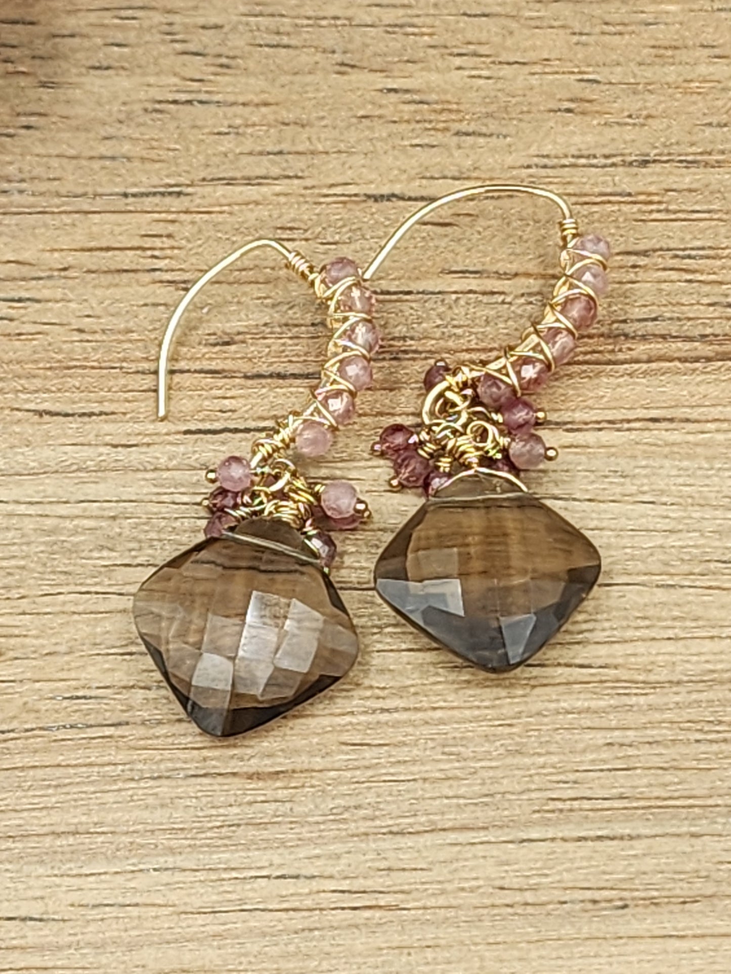 14k Gold-FillednSmokey Quartz & Pink Tourmaline Gemstone Earrings