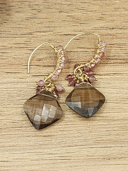 14k Gold-FillednSmokey Quartz & Pink Tourmaline Gemstone Earrings