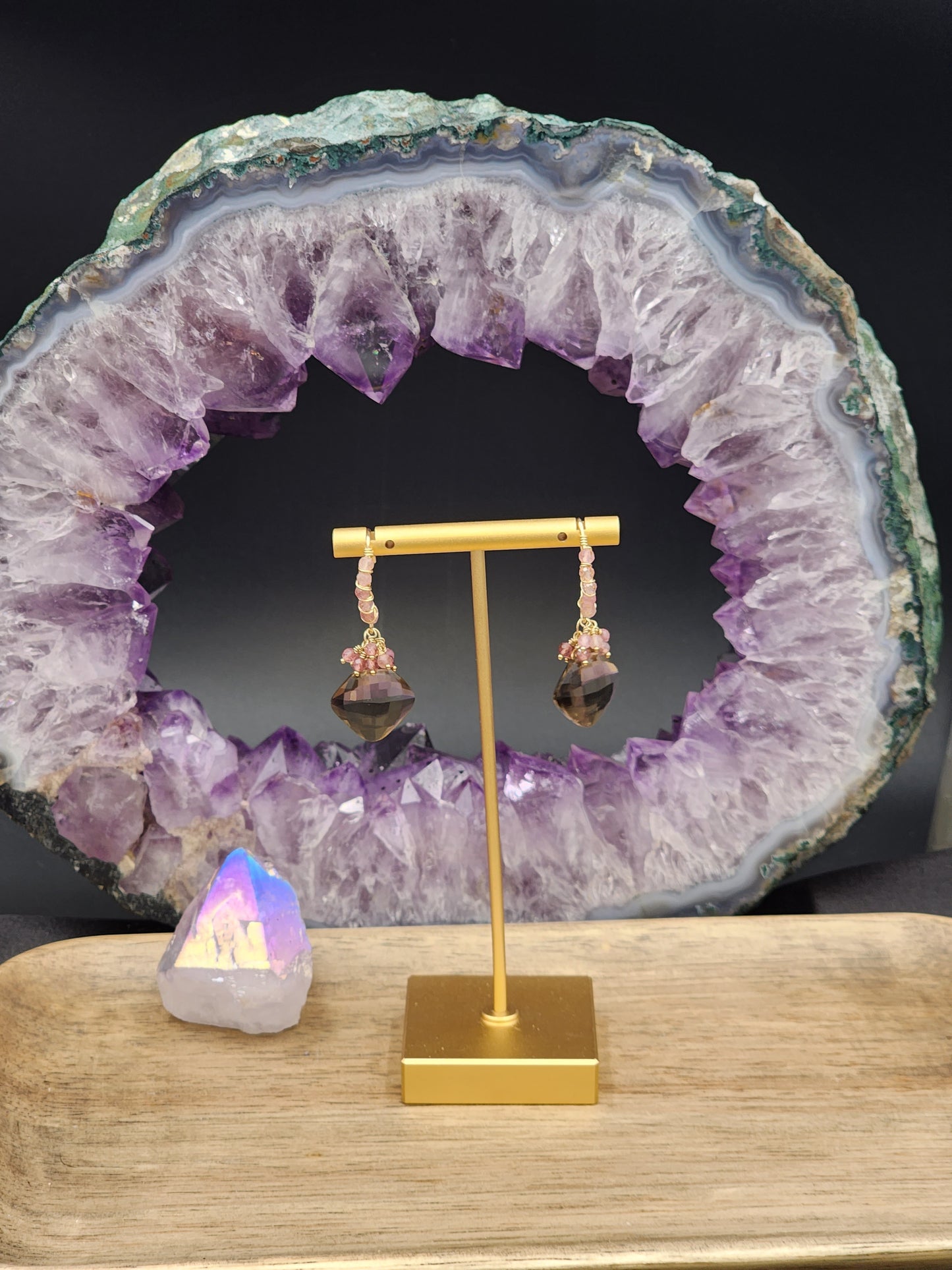 14k Gold-FillednSmokey Quartz & Pink Tourmaline Gemstone Earrings