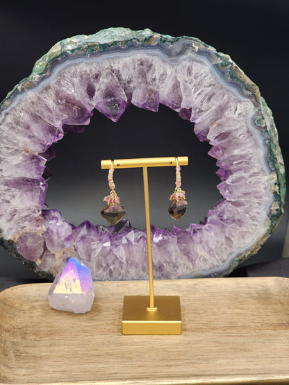 14k Gold-FillednSmokey Quartz & Pink Tourmaline Gemstone Earrings