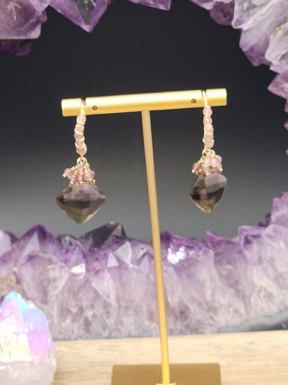 14k Gold-FillednSmokey Quartz & Pink Tourmaline Gemstone Earrings
