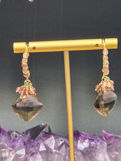 14k Gold-FillednSmokey Quartz & Pink Tourmaline Gemstone Earrings