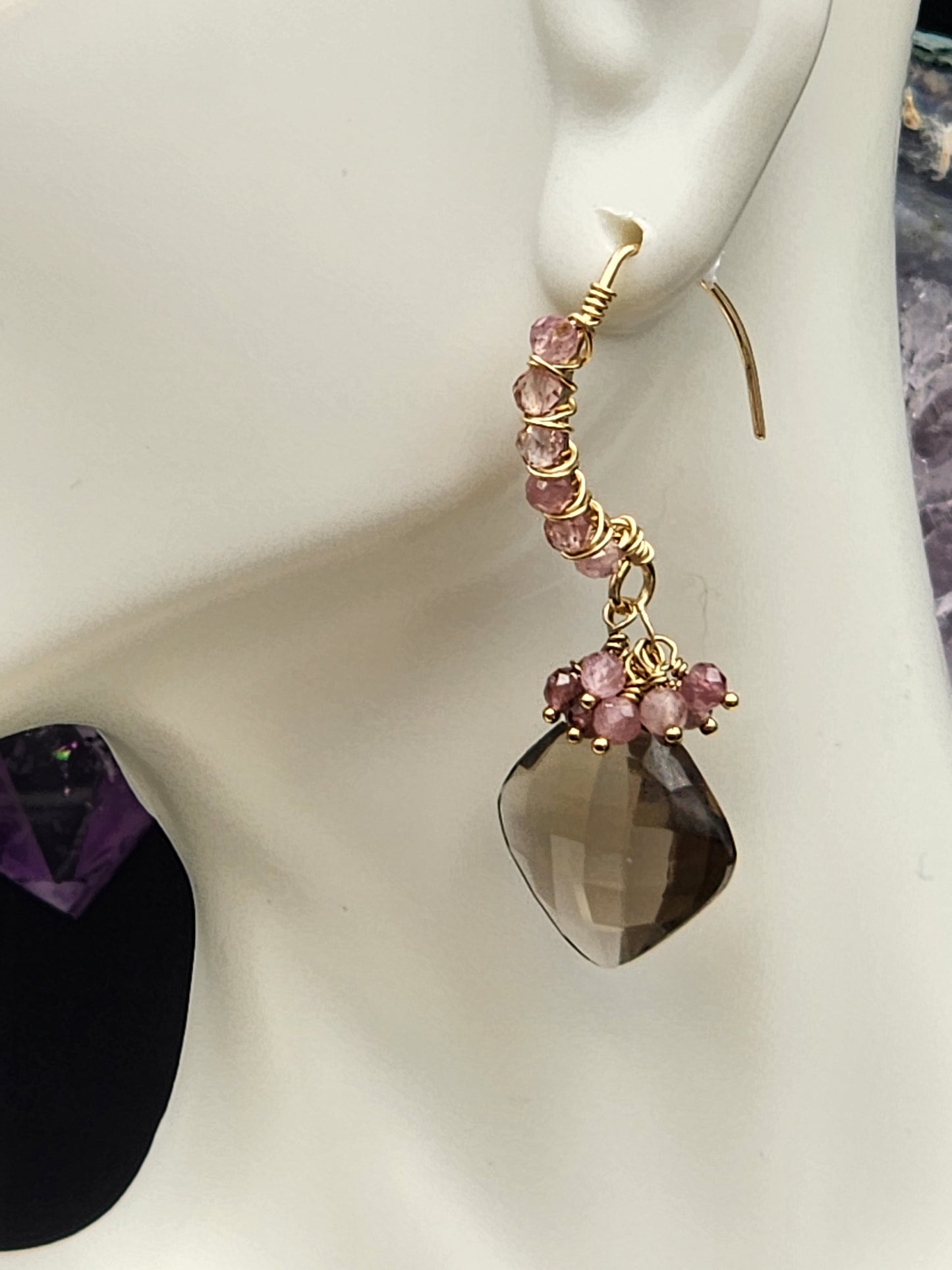 14k Gold-FillednSmokey Quartz & Pink Tourmaline Gemstone Earrings
