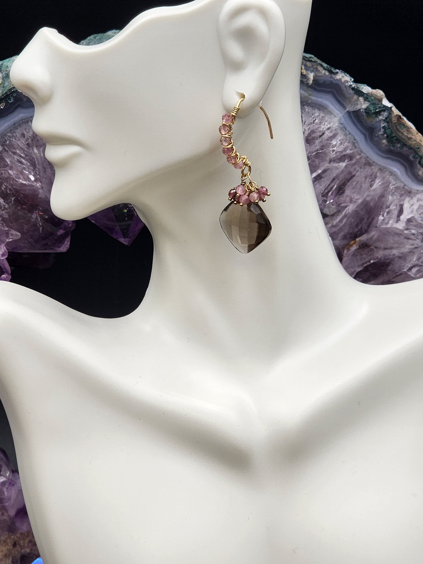 14k Gold-FillednSmokey Quartz & Pink Tourmaline Gemstone Earrings