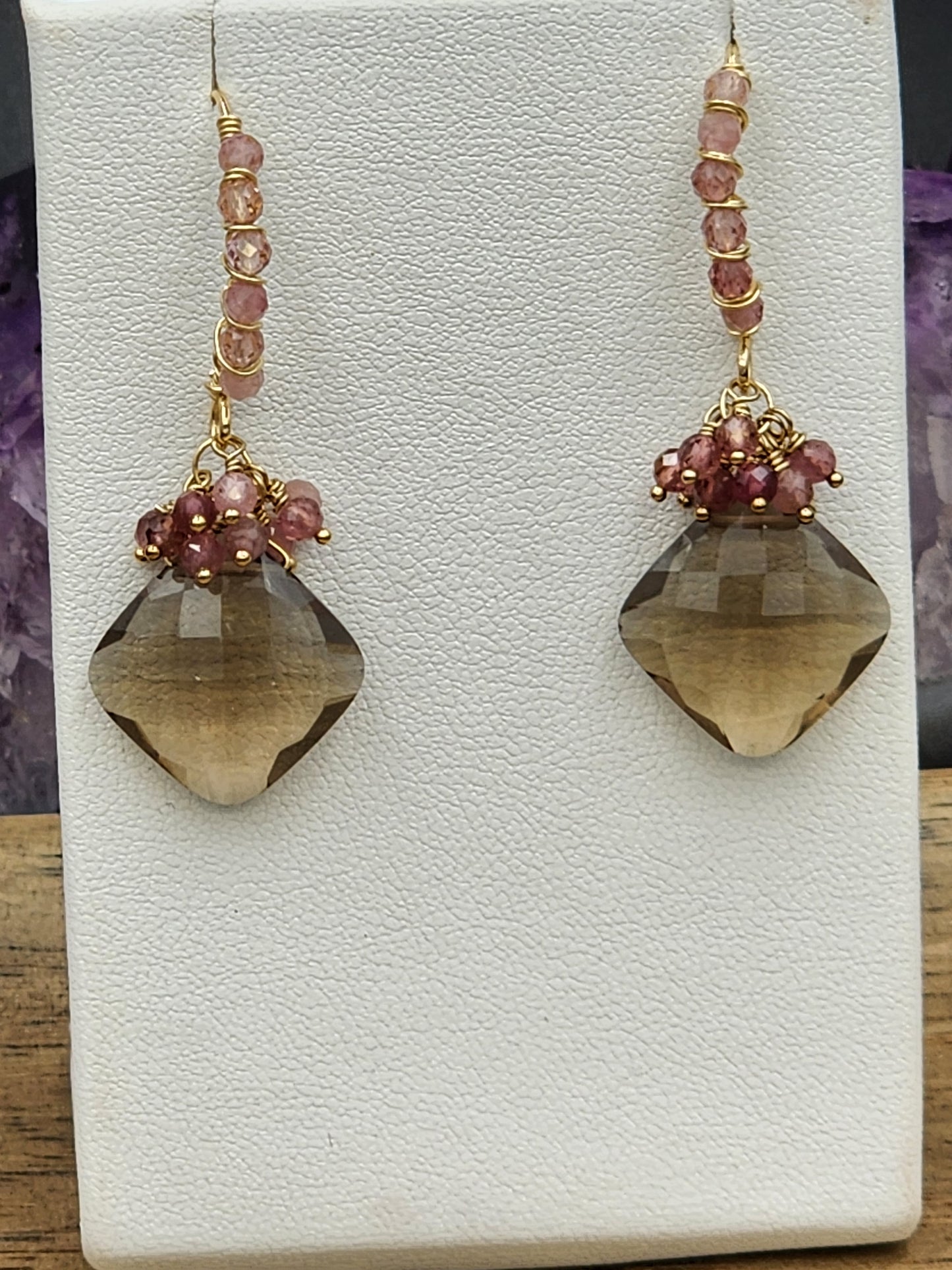 14k Gold-FillednSmokey Quartz & Pink Tourmaline Gemstone Earrings