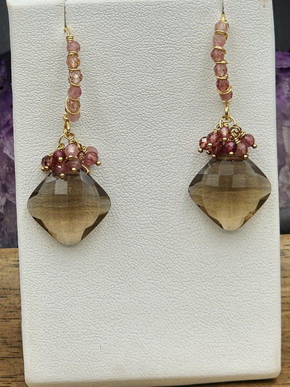 14k Gold-FillednSmokey Quartz & Pink Tourmaline Gemstone Earrings