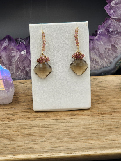14k Gold-FillednSmokey Quartz & Pink Tourmaline Gemstone Earrings