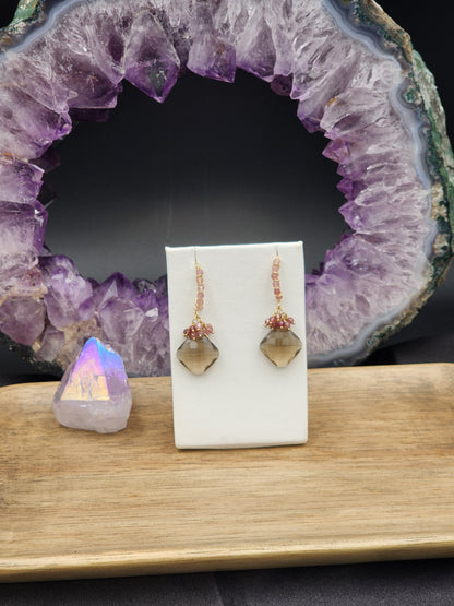 14k Gold-FillednSmokey Quartz & Pink Tourmaline Gemstone Earrings