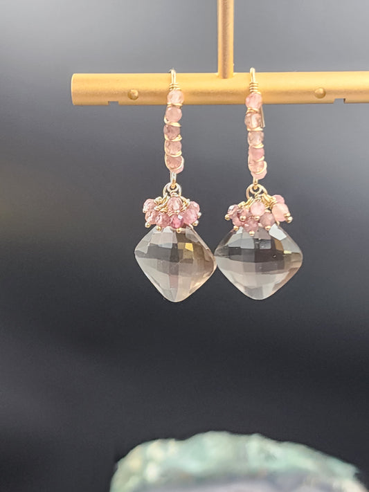 14k Gold-FillednSmokey Quartz & Pink Tourmaline Gemstone Earrings