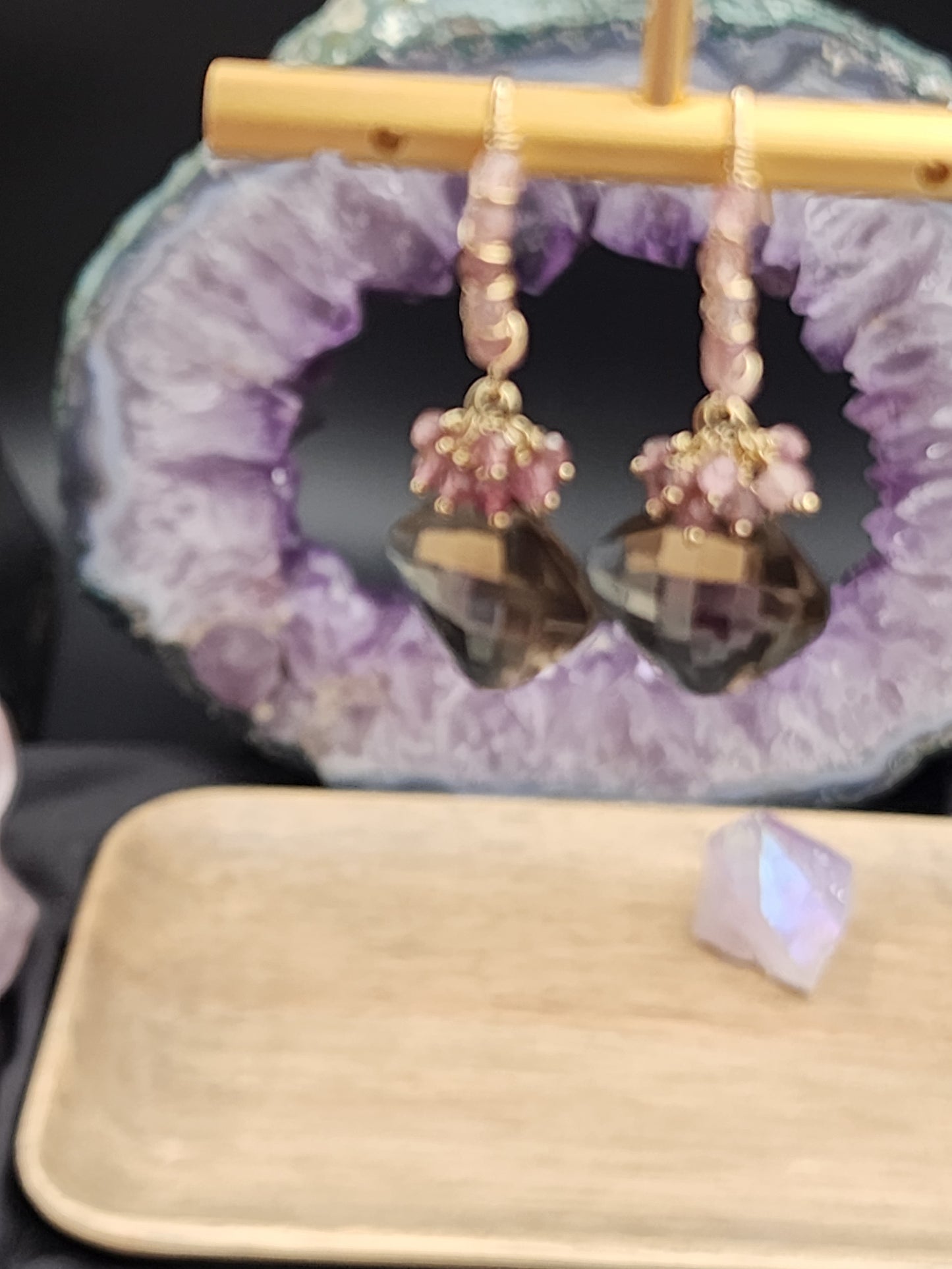 14k Gold-FillednSmokey Quartz & Pink Tourmaline Gemstone Earrings