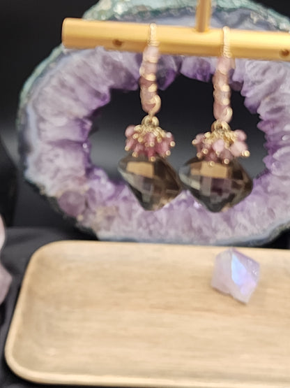 14k Gold-FillednSmokey Quartz & Pink Tourmaline Gemstone Earrings