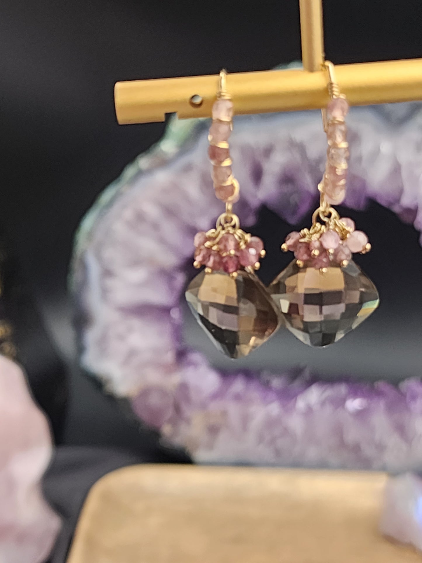 14k Gold-FillednSmokey Quartz & Pink Tourmaline Gemstone Earrings