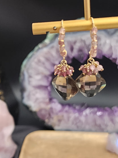 14k Gold-FillednSmokey Quartz & Pink Tourmaline Gemstone Earrings