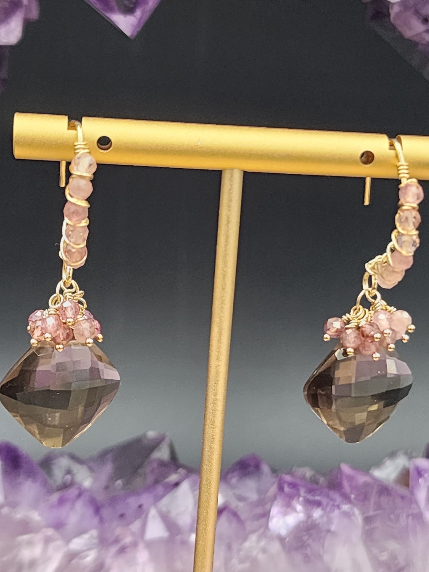 14k Gold-FillednSmokey Quartz & Pink Tourmaline Gemstone Earrings