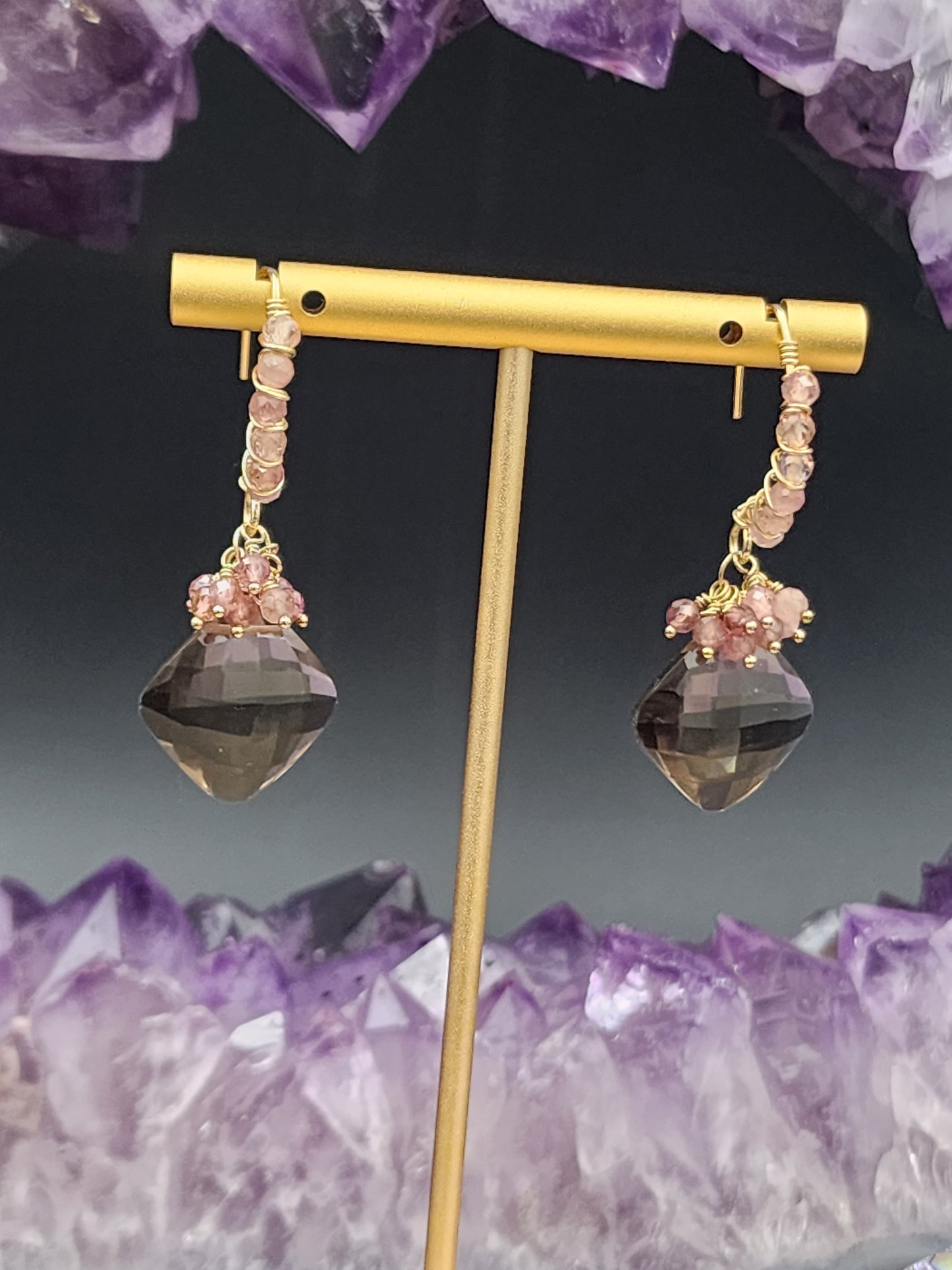 14k Gold-FillednSmokey Quartz & Pink Tourmaline Gemstone Earrings