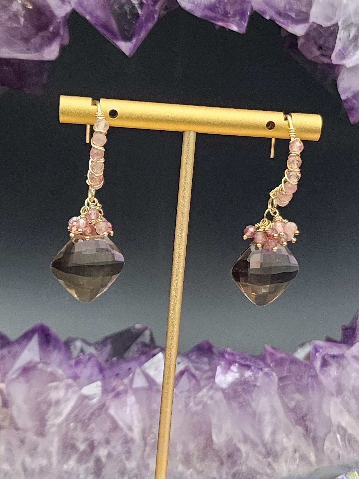 14k Gold-FillednSmokey Quartz & Pink Tourmaline Gemstone Earrings