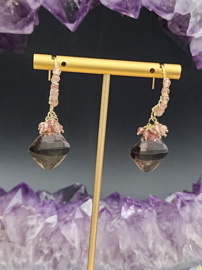 14k Gold-FillednSmokey Quartz & Pink Tourmaline Gemstone Earrings