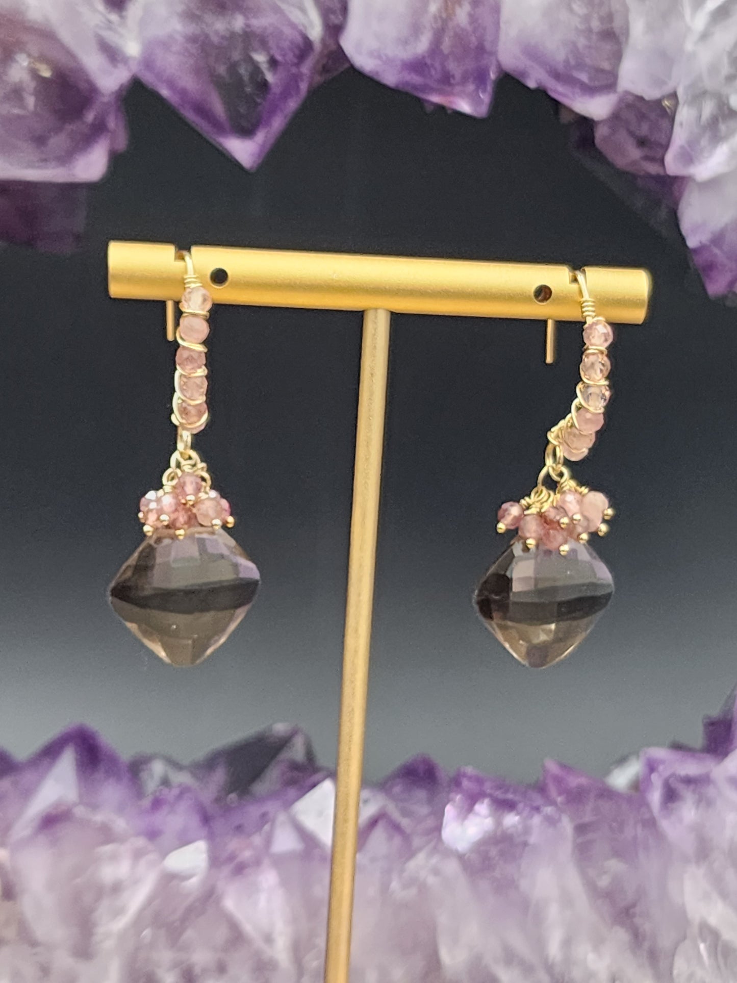 14k Gold-FillednSmokey Quartz & Pink Tourmaline Gemstone Earrings