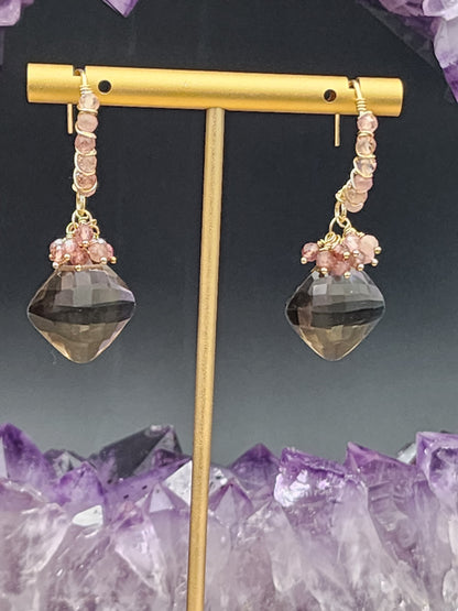 14k Gold-FillednSmokey Quartz & Pink Tourmaline Gemstone Earrings