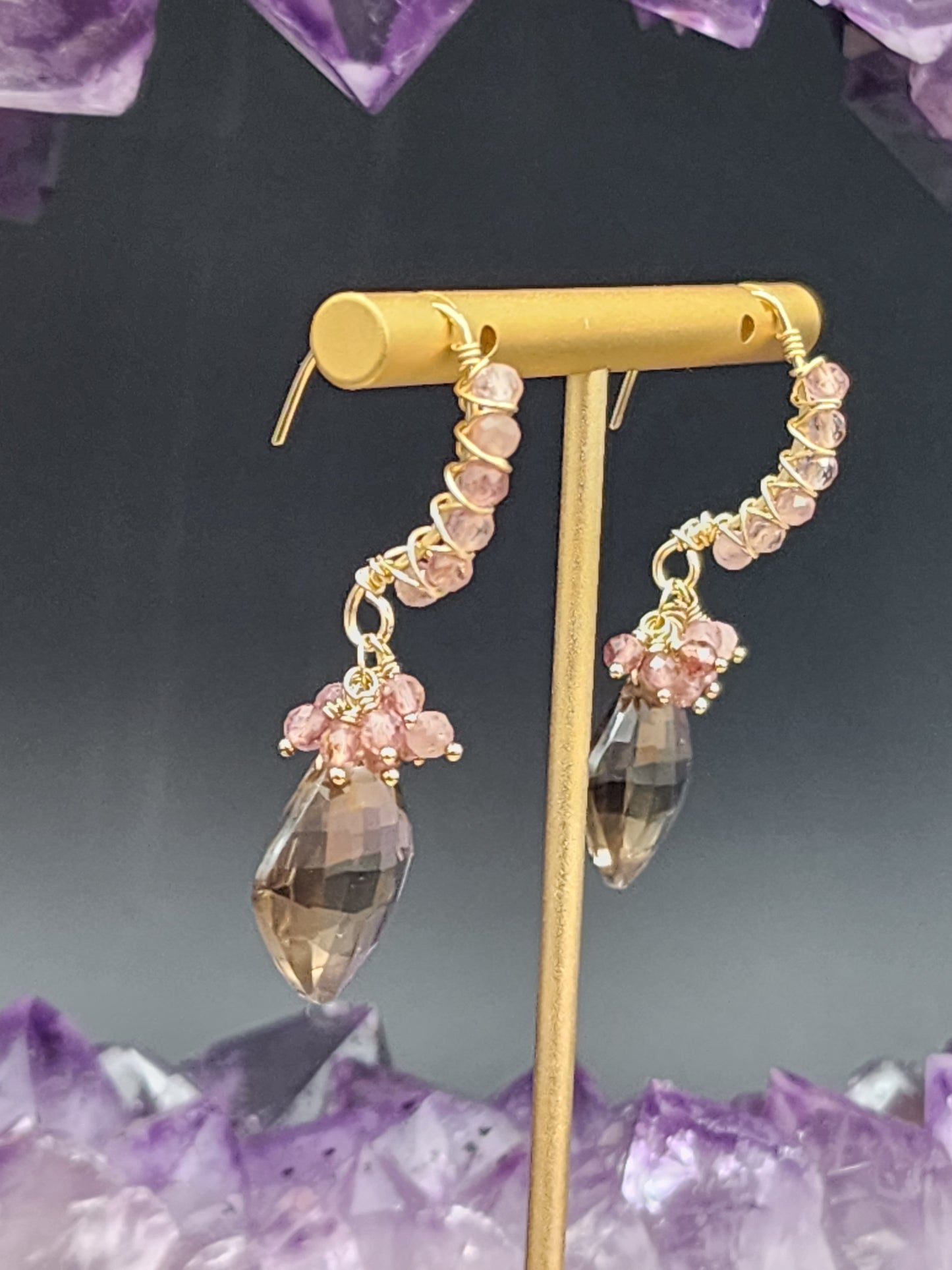 14k Gold-FillednSmokey Quartz & Pink Tourmaline Gemstone Earrings