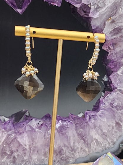 14k Gold-Fillef Black Moonstone  & Grey Pearl Earrings