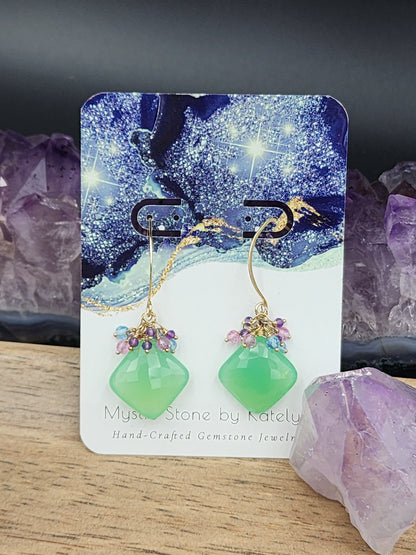 14k Gold-Filled Chrysoprase, Pink Topaz, Blue Topaz, & Amethyst Gemstone Earrings