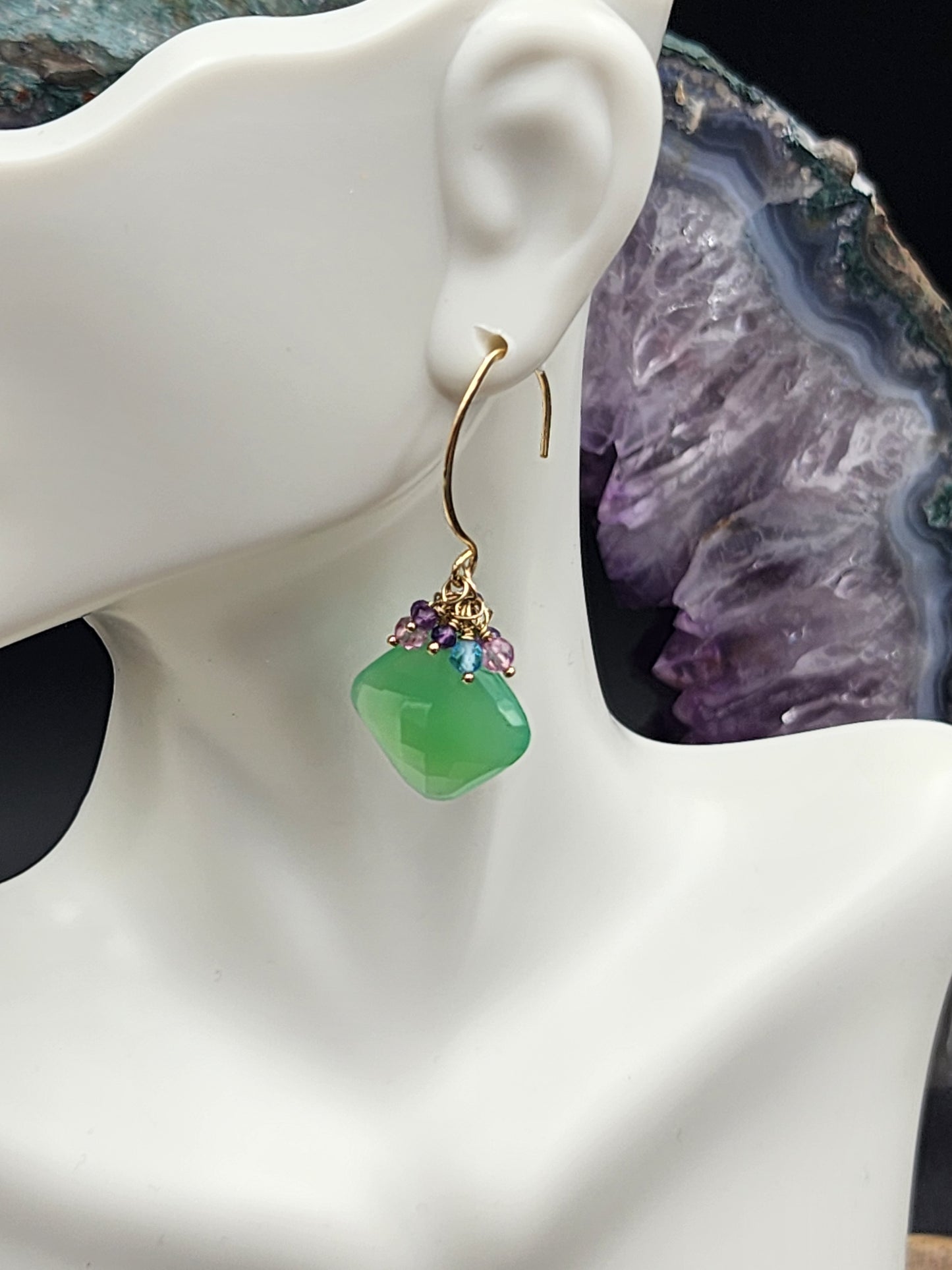 14k Gold-Filled Chrysoprase, Pink Topaz, Blue Topaz, & Amethyst Gemstone Earrings