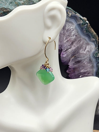 14k Gold-Filled Chrysoprase, Pink Topaz, Blue Topaz, & Amethyst Gemstone Earrings